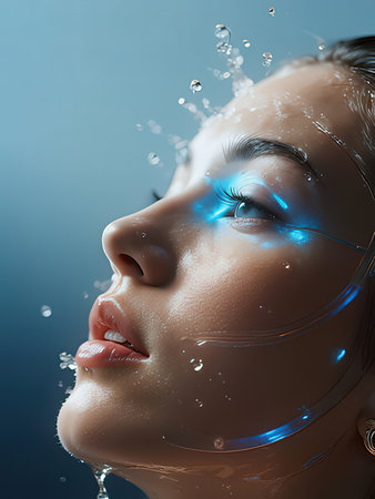 Portrait of young beautiful woman with water splashes on her faceの写真素材