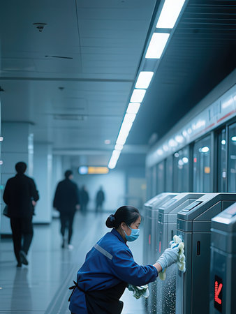 coronavirus, covid-19 pandemic concept - asian woman wearing face mask and gloves cleaning subway stationの写真素材
