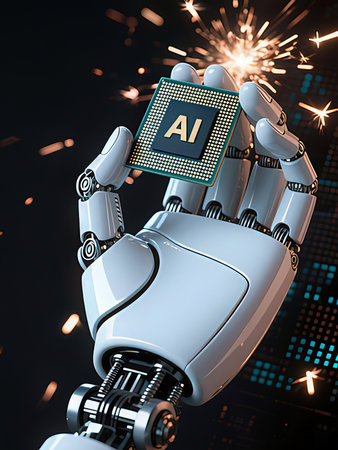 3d rendering robotic hand with microchip in hand and sparkler