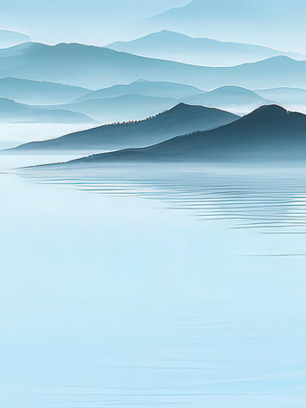 Landscape of mountains and lake in a misty morning. Vector illustration.