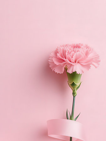 Pink carnation flower on pastel pink background. Flat lay, top viewの写真素材