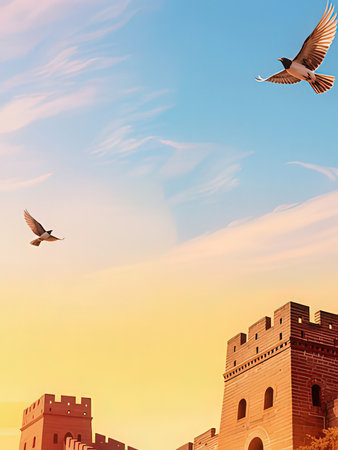 Flock of birds flying over the fortress wall at sunset. 3d renderingの写真素材