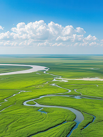 Aerial view of river and green grassland. Nature composition.の写真素材