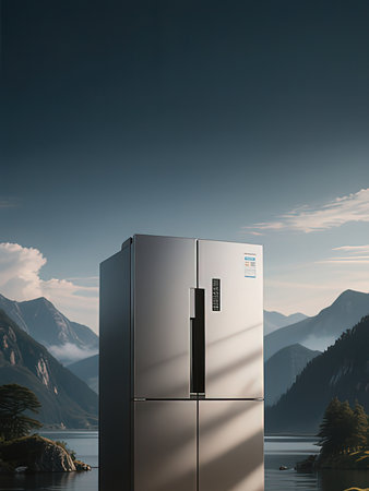 Refrigerator on the background of the mountains. 3d renderingの写真素材