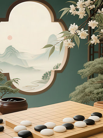 Japanese chess with japanese landscape background. 3D rendering.の写真素材
