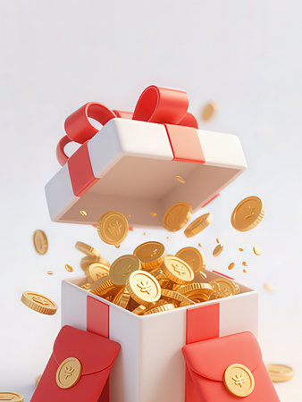 Open gift box with gold coins in it. 3D illustration.の写真素材