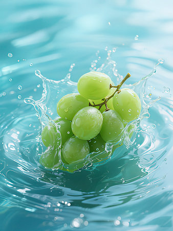 Grapes falling into water with splash and ripples on blue background