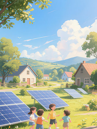 Children with solar panels on the background of the village. Vector illustration.
