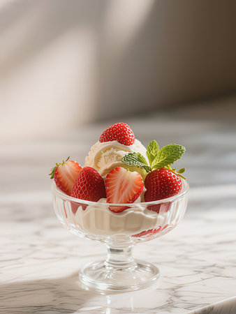 Vanilla ice cream with fresh strawberries and mint leaves in a glass vaseの写真素材