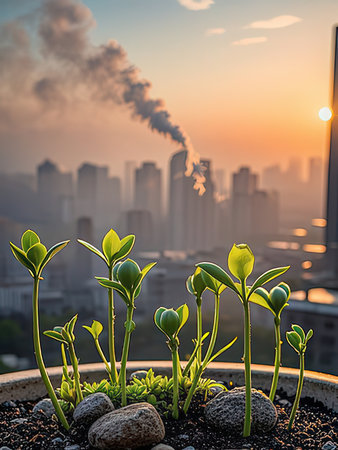 Green sprouts growing from the ground with cityscape background at sunsetの写真素材