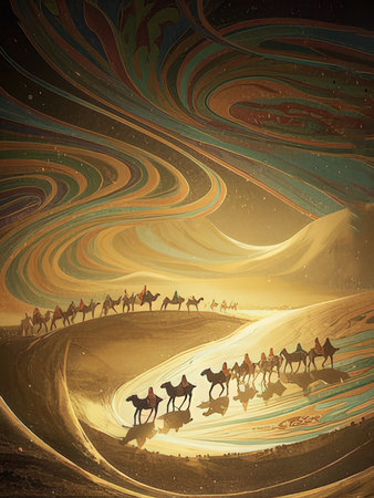 Caravan of camels in the desert. Digital painting illustration.の写真素材