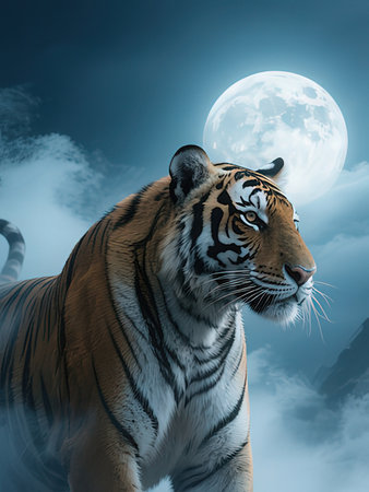 Siberian tiger in front of the full moon. 3D rendering