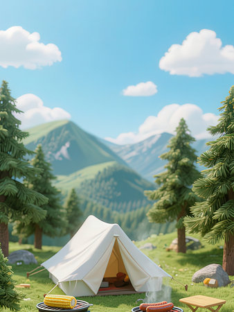 Camping in the mountains on a sunny day. 3d renderingの写真素材