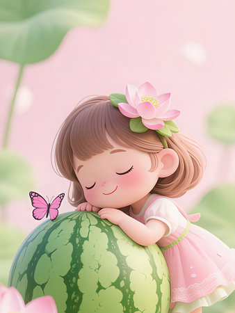 Cute little girl with watermelon and butterfly on pink background.の写真素材