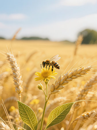 Bee on yellow flower in wheat field with blue sky in the backgroundの写真素材