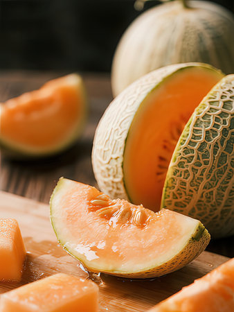 Cantaloupe melon slices on a wooden cutting boardの写真素材