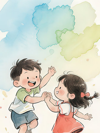 Cute little boy and girl playing together with watercolor background.の写真素材