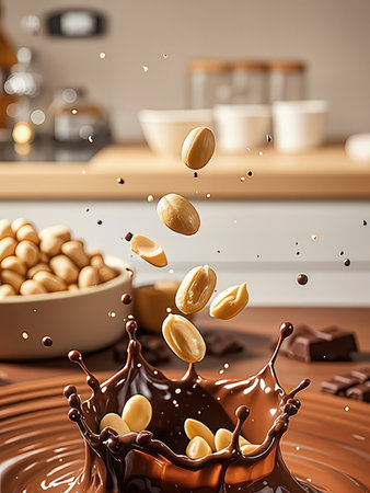 Splash of chocolate and nuts on wooden table. 3d renderingの写真素材