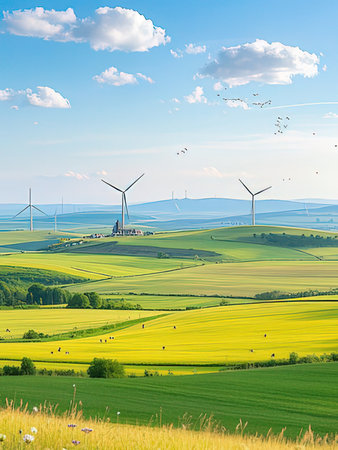 Wind turbines on the green field. Renewable energy concept background.の写真素材