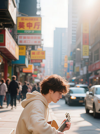 Young man playing the guitar in the streetの写真素材