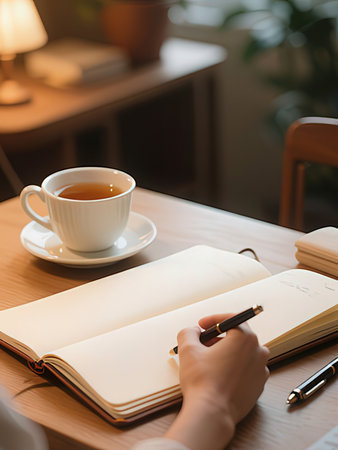 cropped view of woman writing in notebook with cup of tea in cafeの写真素材