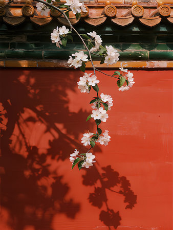 Flowering branch of apple tree on the background of the red wallの写真素材