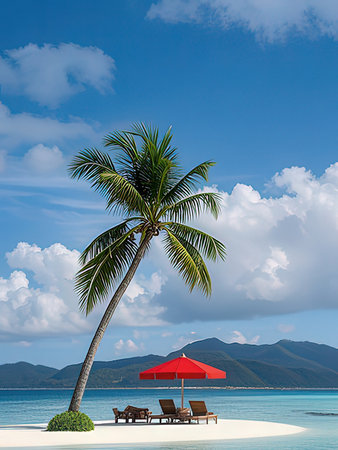 Beach with palm tree and sun loungers on tropical islandの写真素材