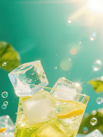 Two glasses of lemonade with ice cubes and bubbles on green backgroundの写真素材