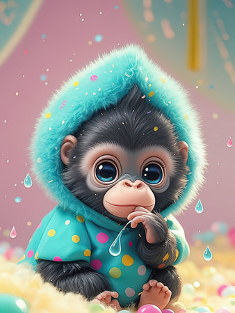 Cute cartoon monkey in a raincoat sitting on the floor with colorful Easter eggsの写真素材