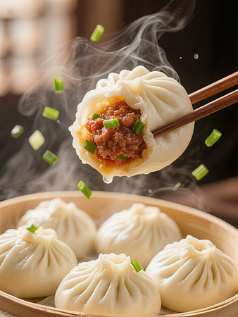 chinese steamed dumplings with meat and vegetables, closeupの写真素材