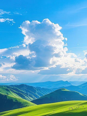 beautiful summer landscape. grassy hills and blue sky with cloudsの写真素材