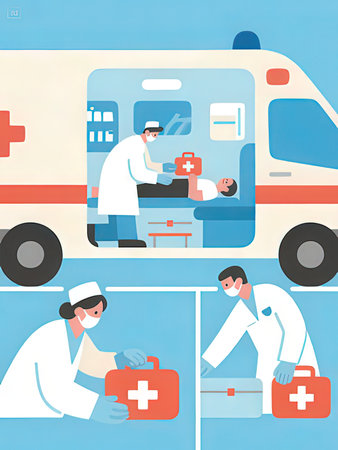 First aid kit and doctor in ambulance. Flat style vector illustration.の写真素材