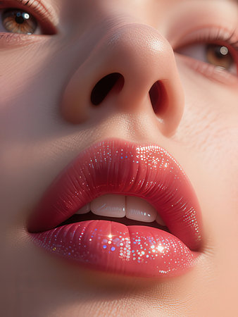 Closeup portrait of beautiful woman's lips with red glossy lipstick.の写真素材