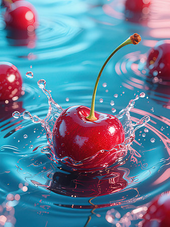 Cherry in water with splash and ripples on blue background.