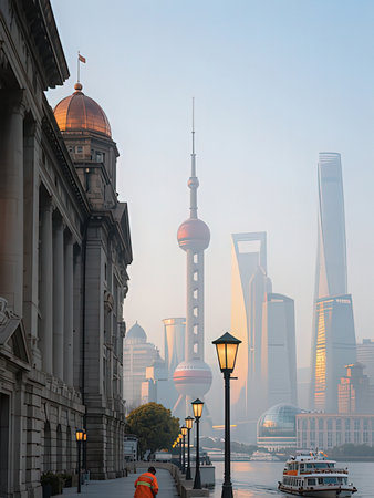 Shanghai skyline at sunrise. Shanghai is the largest city in the world.の写真素材