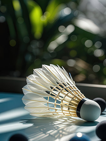 Badminton shuttlecock in front of green bokeh backgroundの写真素材