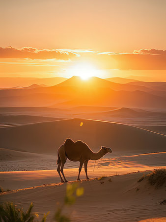 Camel in the desert at sunset.の写真素材