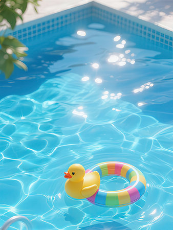 Rubber Duck Floating in Swimming Pool, Summer Vacation Concept