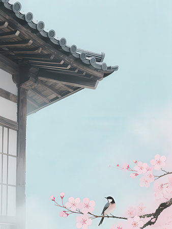 cherry blossom sakura background with japanese house and birdの写真素材