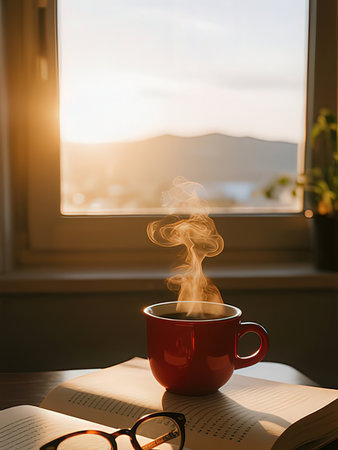 Cup of coffee and book on wooden table near window at morningの写真素材