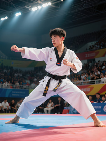 Unidentified karate fighter in action at the Thailand Open Taekwondo Championship in Pattaya, Thailand.の写真素材