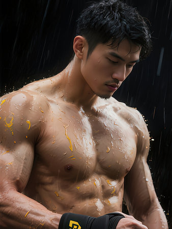 Portrait of a shirtless asian man in the rain.の写真素材