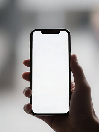 female hand holding a smartphone with a white screen on a blurred backgroundの写真素材
