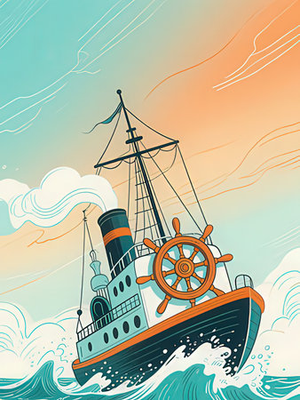 Steamship on the background of the sea. Vector illustration.