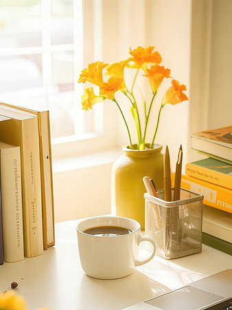 Cup of coffee, books, pencils and daffodils in vase on white table