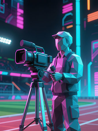3d rendering of a cameraman with a video camera on the stadiumの写真素材