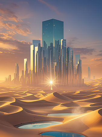 Futuristic city in the desert at sunset. 3d renderingの写真素材