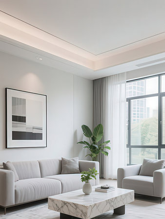 interior of modern living room, white sofa and coffee table, 3d render