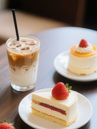 Coffee and cake on the table in coffee shop, stock photoの写真素材