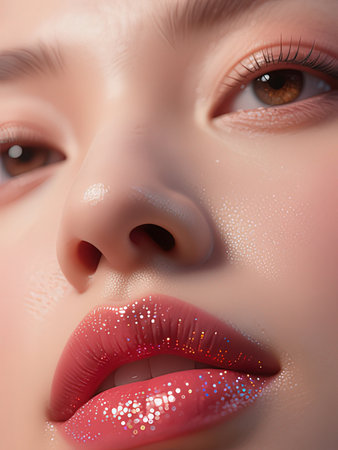 Close-up portrait of beautiful young woman with red lips and glitter makeup.の写真素材